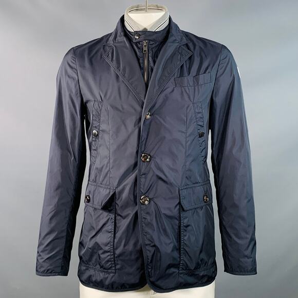 MONCLER Size L Millet Navy Grey Polyamide Layered Notch Lapel Jacket - Picture 1 of 10